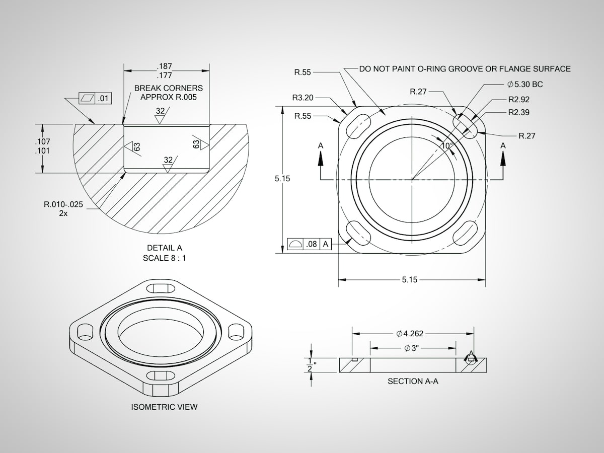 Technical diagram of an exhaust flange with detailed dimensions, including O-ring groove specifications and isometric view for precise engineering.