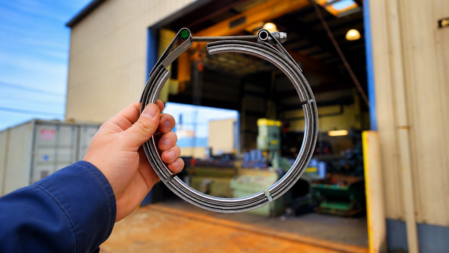 Stainless Steel V-Band Clamp For Mining Trucks Held Up Outside Dba Silencing Shop